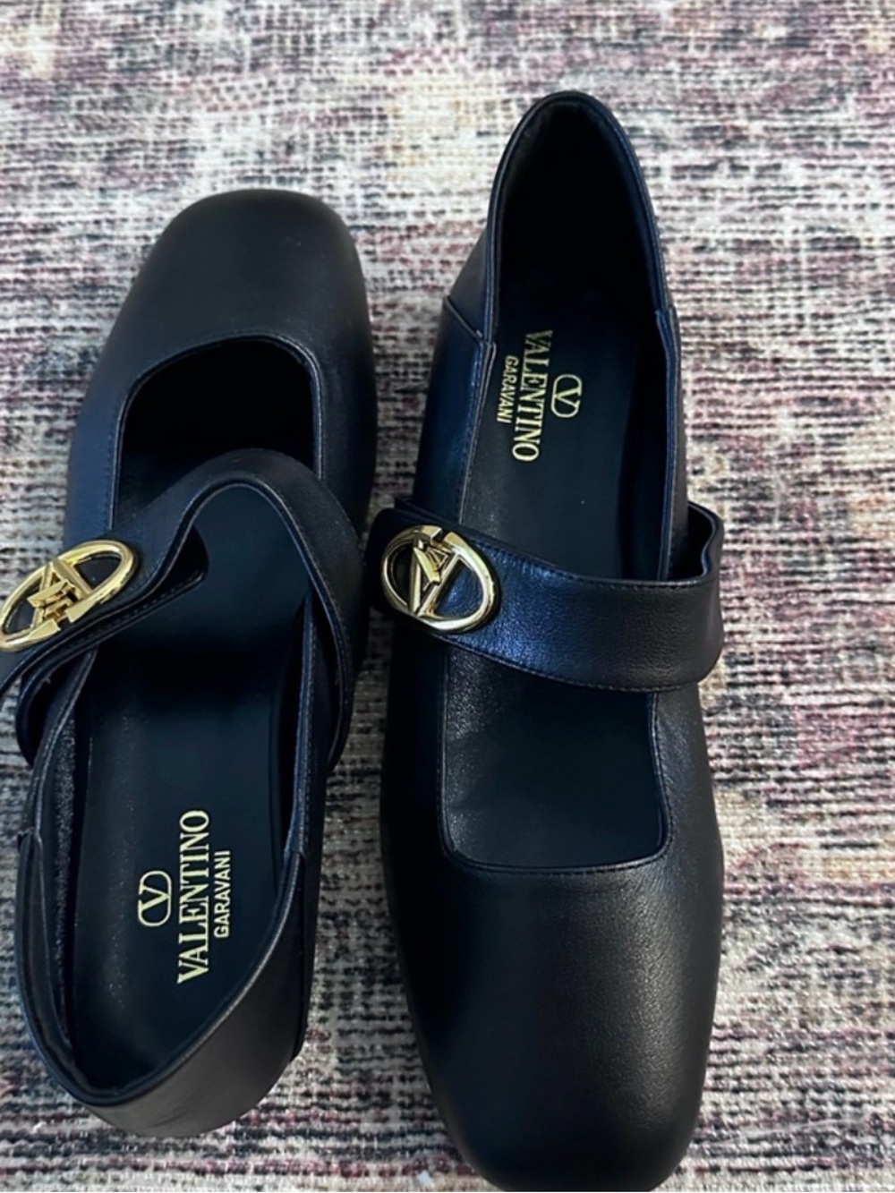 Valentino Garavani Black Leather Mary Jane Flats with Gold V Buckle